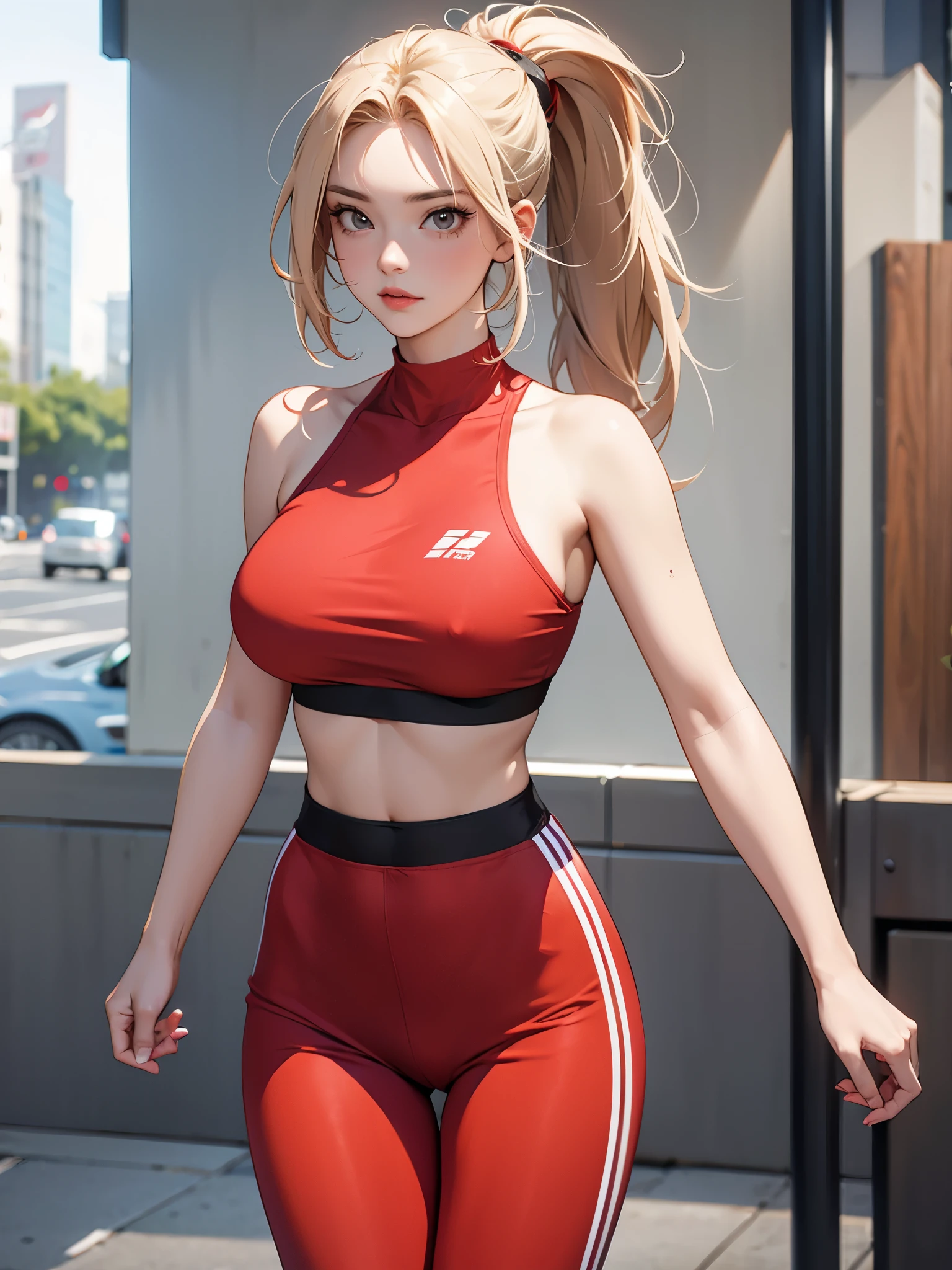 A fit young woman in her 20s wearing a bright red sports bra and black leggings. She has long, straight blonde hair tied in a high ponytail. Her expression is determined, huge boobs,she is walking