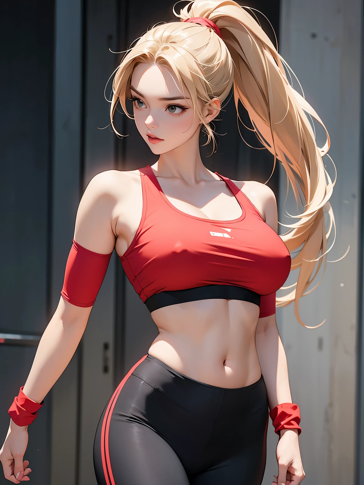 A fit young woman in her 20s wearing a bright red sports bra and black leggings. She has long, straight blonde hair tied in a high ponytail. Her expression is determined, huge boobs,she is walking 