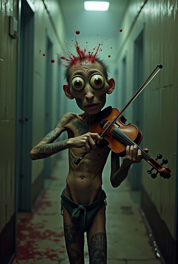 Standing playing violin in Thai prison super model posture style more LGBT dace (ultra-detailed background, detailed background), absurdres, highres, ultra detailed, extremly detailed, horror and nightmare photography , A realistic photograph shot by Fuji film camera of psycho Big bulging eyeball. ,no normal man amazing face hyper over acting joke funny 1990s dvd screen grab in Thailand Thai prisoner has a Thai style yantra tattoo, the whole body, from the head, face to the feet, the hair is very thin 40 kilograms, making a funny gesture. In Thailand prison shot by DSLR 5D Canon camera eyeball are big . crazy style man Muay Thai art boxer and chubby Cambodian boxer Crying, crying.dark red strawberry jam, splashing on head with a plaid fabric wrapped on the forehead, kicked on the head dark red strawberry jam, splashing