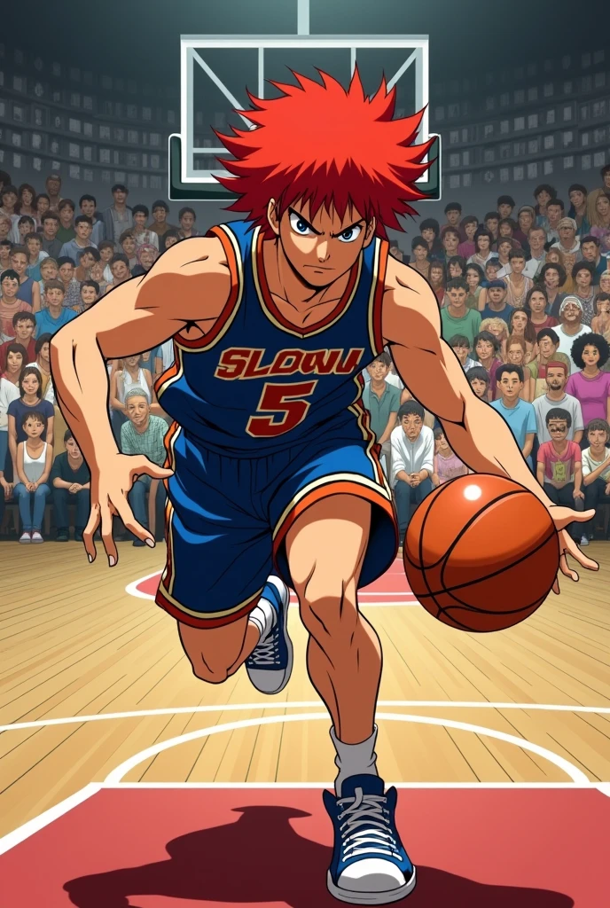 The main character of Slam Dunk, Eiun, is a horizontal image with the kanji characters. The moment of dribbling, the hair is red, the main character is large, the face is mature, male, the eyes are thin, horizontal, mature
