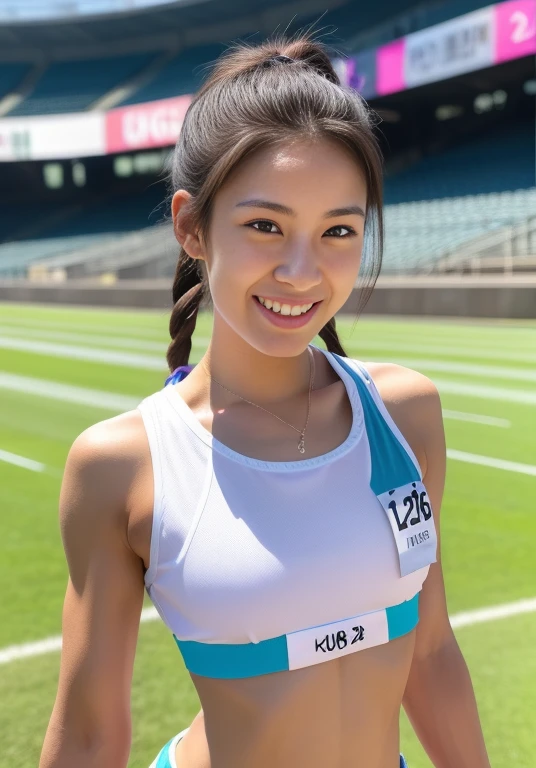 (masterpiece: 1.3), (8k, Realistic, RAW Photos, Highest quality: 1.4), 20歳の美しい日本人女性のTrack and field athlete, (Random Hairstyles: 1.2), Ultra Detail Face, Eye on the details, double eyelid, Sharp focus: 1.2, Beautiful woman: 1.4, Light brown hair, Highest quality, masterpiece, Ultra-high resolution, (Realistic: 1.4), Ahegao, Shining Sweat, thin, Track and field athlete, Tight crop top,Racing shorts in beautiful colors, Shining Sweat, thin, Serious expression, smile、((Sneakers)), On the track at the athletics stadium, ((Perfect beauty)), Slim legs,