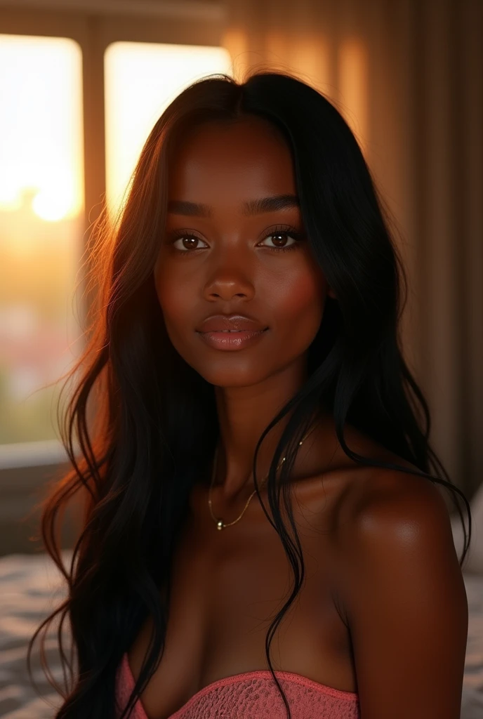 hyper realistic portrait of skai Jackson, 19 years old, with long flowing black hair and brown eyes. She should have a natural, approachable expression and be lit by soft, golden light, canon eos r5, raw format, full body, sunset view in a French apartment, center selfie