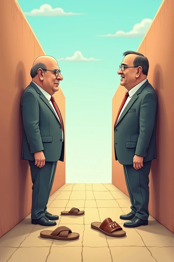 A funny situation. There is a wall and two politicians are standing on the each side without wearing chappals as they have thrown it on each others. Make this funny image.