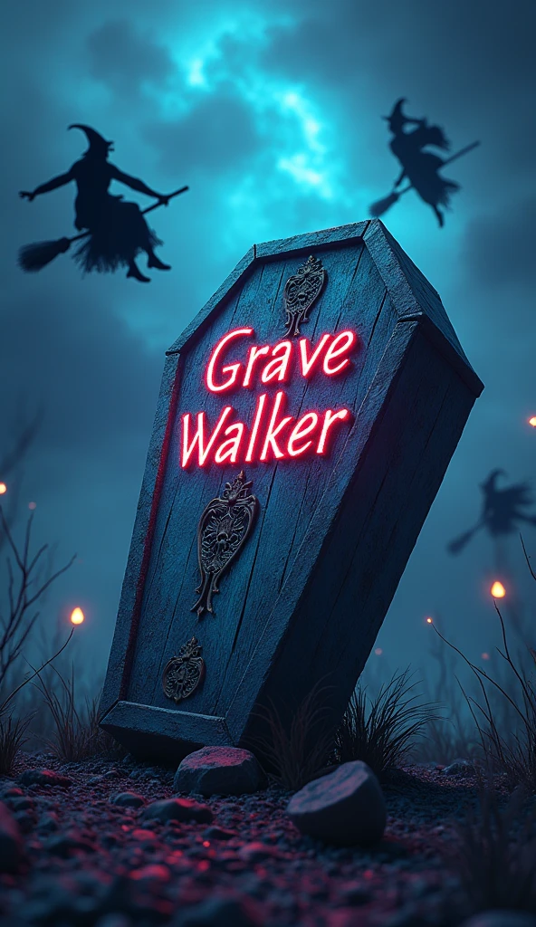 There is a title "Grave Walker" written on the coffin. There is night background, witches flying in the sky on their flying brooms. Magic is spreading all over the sky. Title "Grave Walker" is written with some magic colours. A 3D, aesthetic, fantasy poster.