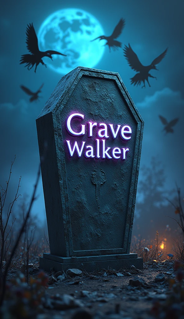 There is a title "Grave Walker" written on the coffin. There is night background, witches flying in the sky on their flying brooms. Magic is spreading all over the sky. Title "Grave Walker" is written with some magic colours. A 3D, aesthetic, fantasy poster.