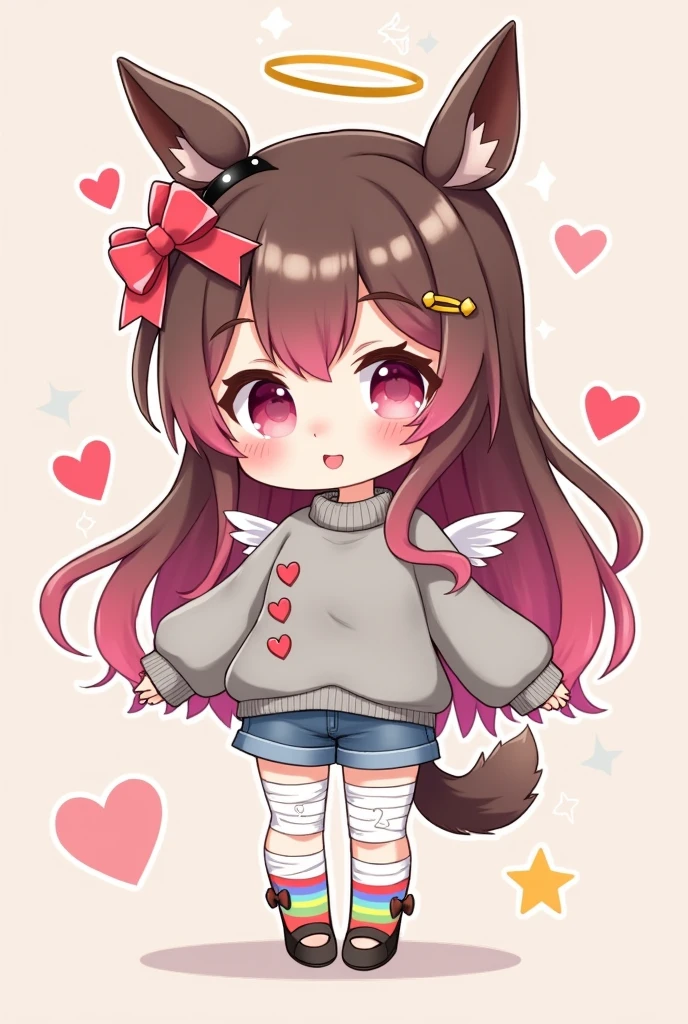 Gacha Chibi full body, , . gray sweater, short jeans shorts, rainbow socks, pink dyes, bandages on the legs, angel wings, a small fluffy brown tail, green eyes, a very large red heart hairpin. Golden star hairpin, cute. small black crown, with a huge pink bow, lots of cute stickers, BROWN BROWN BROWN LONG LONG LONG LONG HAIR