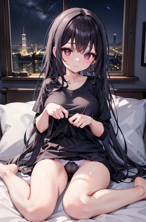 business purpose, Next to Kasumigaoka, Black Hair,  Long Hair, smile,Windows，Romantic Starry Sky，Both eyes open,A meteor crosses,T-Shirts,Black string ,Sleeping in bed,night,moonlight,Sleep with your head on the pillow,Sleeping lying on your back in bed,Dark Room, barefoot、Large 、　　　　　　　　　　　　　　　　　　break indoors, Bedroom, break (masterpiece:1.2), Highest quality, High resolution, unity 8k wallpaper, (shape:0.8), Highly detailed face, Perfect lighting, Extremely detailed CG, (Perfect hands, Perfect ),
break indoors,Bedroom,
break (masterpiece:1.2), Highest quality, High resolution, unity 8k wallpaper, (shape:0.8), Highly detailed face, Perfect lighting, Extremely detailed CG, (Perfect hands, Perfect ),