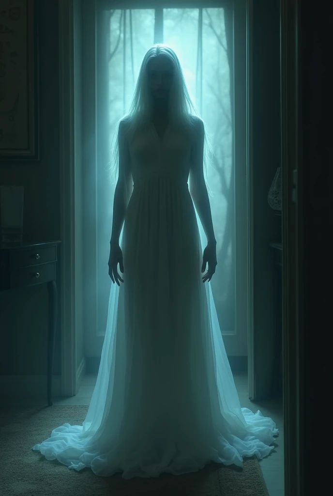 Ghostly Woman:
"A ghostly woman in a flowing white dress, with a blurred and terrifying face, standing in the middle of a dark hotel room. Her presence is cold and menacing, with a faint, ominous glow around her."

