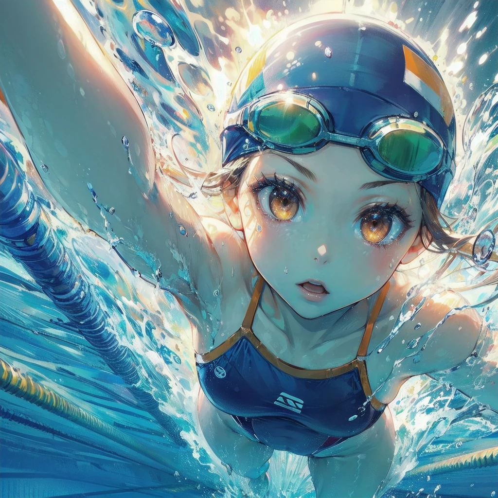  masterpiece, (textured skin), best quality, gorgeous beautiful girl, (a female swimming athlete), detailed clothes,large breasts,narrow waist,, (beautiful face), cinematic lighting, (at swimming venue ),