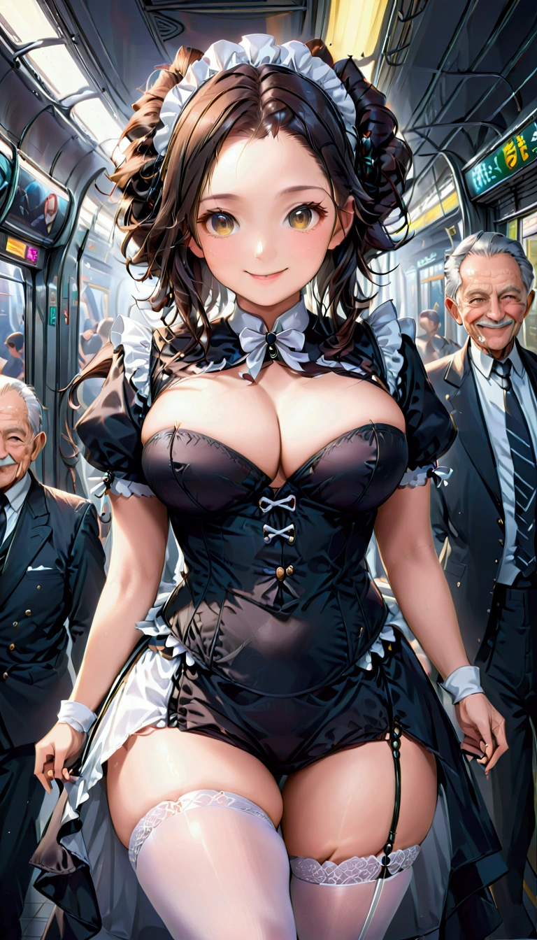 1 woman in black maid outfit with white skirt, white stockings, and tight corsets, showing immense curves, mohican hairstyle, extremely pretty. Surrounded by elderly gentlemen who admire her. She playfully starts to show off, taking advantage of the attention. She is facing the viewer, smiling happily, in a futuristic subway setting. anime styling, a masterpiece, higher resolution, 品質, detail, sharply focused, professional image