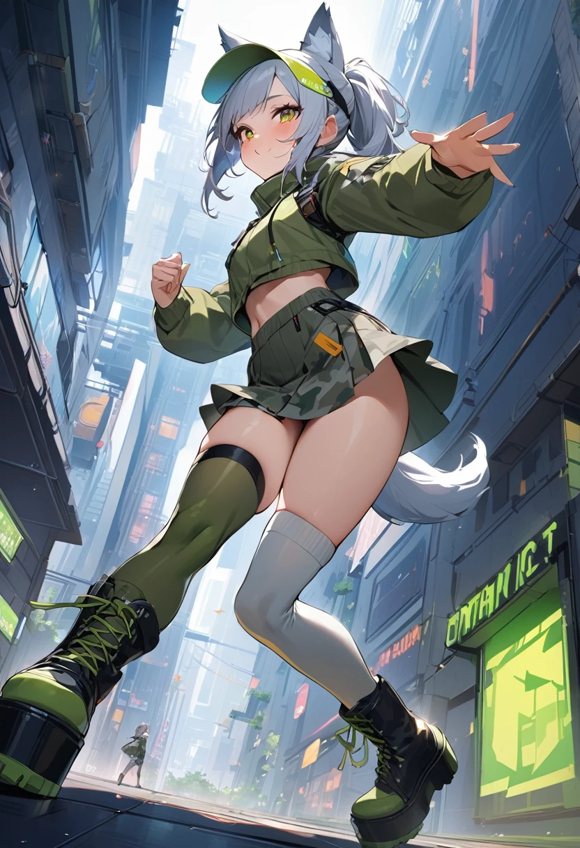 (masterpiece, best quality:1.1), (ultra highres, ultra-detailed:1.2) ,cyberpunk girl,yo,cute,cheerful,(silver hair,ponytail,wolf ear,sunvisor,wolf-hand groves,khaki camouflage pattern vest and mini-skirt,wolf tail,knee high socks,platform boots),pose,absurd,extraordinary, in garden on the roof of a building,(fullbody),smile,detailed face,beautiful lighting, volumetric lighting, dynamic angle,pop style,look away,