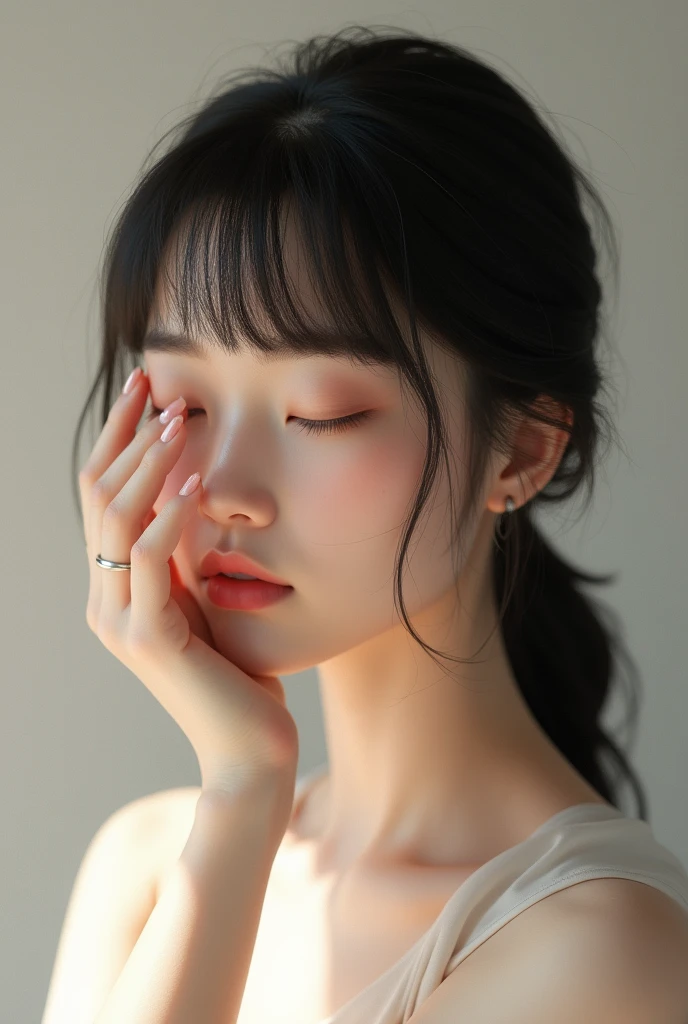 Image of a Japanese person touching their neat, smooth, fluffy bangs