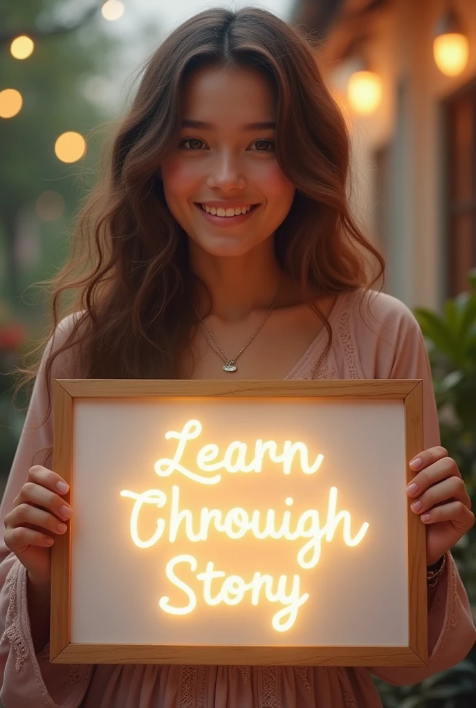 Beautiful girl with heart-warming smile and wavy long hair, bohemian dress, holding a white board with text "learn English Through Story" and showing it to the viewer, the board is glowing with a the text,Different quality girl.