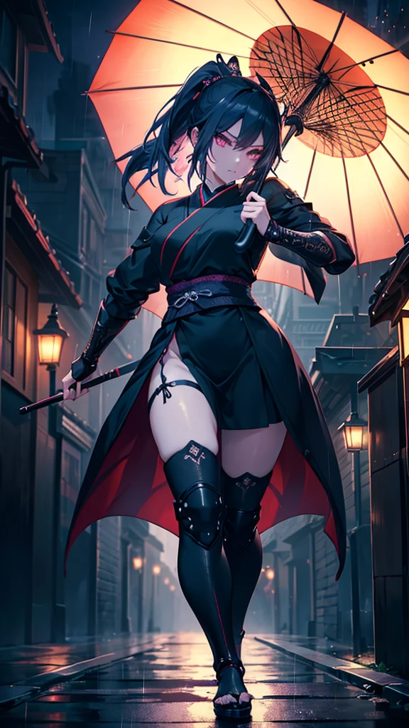 beautiful detailed ninja girl walking down an empty street at night, rain, street lit by lanterns, soft lighting, detailed, oriental umbrella, photorealistic, 8k, high quality, masterpiece, cinematic lighting, dramatic atmosphere, dynamic pose, hyper detailed, intricate details, moody lighting, vibrant colors, realistic textures