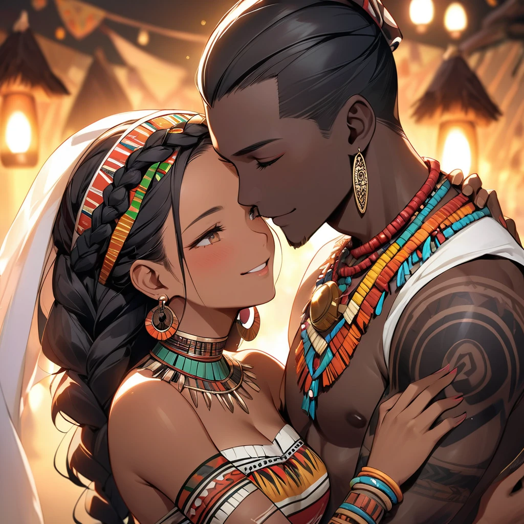 ((Highest quality)), ((masterpiece)), (detailed), (Perfect Face)、The woman is wearing a tribal wedding dress and is embraced by a tribal man as they hold each other close and look happy as they hold their wedding ceremony.、The woman has bright black skin、(Ghana braids with strong curly hair slicked back)、Black, dark skinned, African native tribal woman、The amount of hair is small、Black Hair、Very short curly hair、Ghana braid hair, finely and delicately braided into Ghana braids and slicked back、Her hair is braided and thin, and she wears a tribal headdress and a tribal headscarf.、African black woman beautifully dressed in tribal clothing, tribal earrings and tribal accessories, wearing tribal makeup、A beautiful tribal woman with tattoos all over her body、Women in tribal village night rituals、The woman's hair is dyed black by the other women in the village and styled like an African woman's.