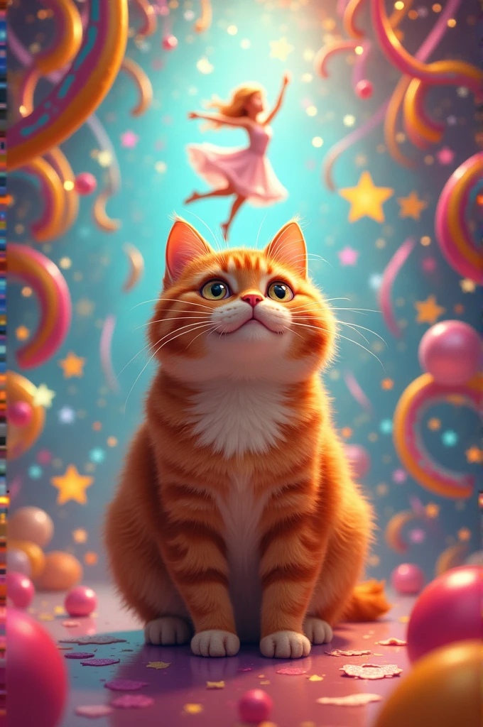 A 6kg ginger cat Rainbow decor A star dancer in the background 