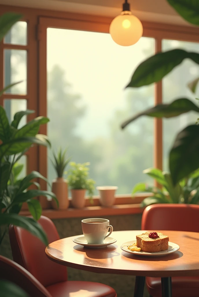 background、Calm café、Retro、Lo-fi atmosphere、indirect lighting、Foliage plant、unmanned、coffee、toast、perfection、Pudding