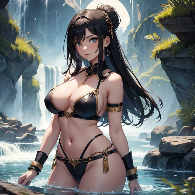 score_9, score_8_up, score_7_up,score_6_up, score_5_up, score_4_up, masterpiece, best quality, highly detailed, night, hot springs, 1girl, Tundra_DG, lips, makeup, long hair, black hair, curvy, narrow waist, large breasts, o-ring top, armlet, loincloth, standing, water, bathing, sexy pose