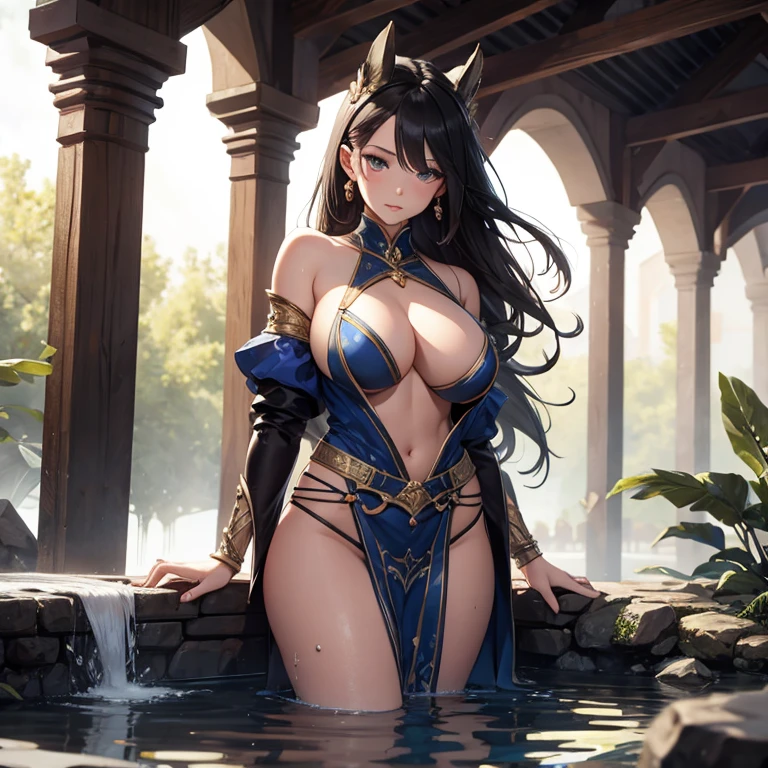 score_9, score_8_up, score_7_up,score_6_up, score_5_up, score_4_up, masterpiece, best quality, highly detailed, night, hot springs, 1girl, Tundra_DG, lips, makeup, long hair, black hair, curvy, narrow waist, large breasts, o-ring top, armlet, loincloth, standing, water, bathing, sexy pose