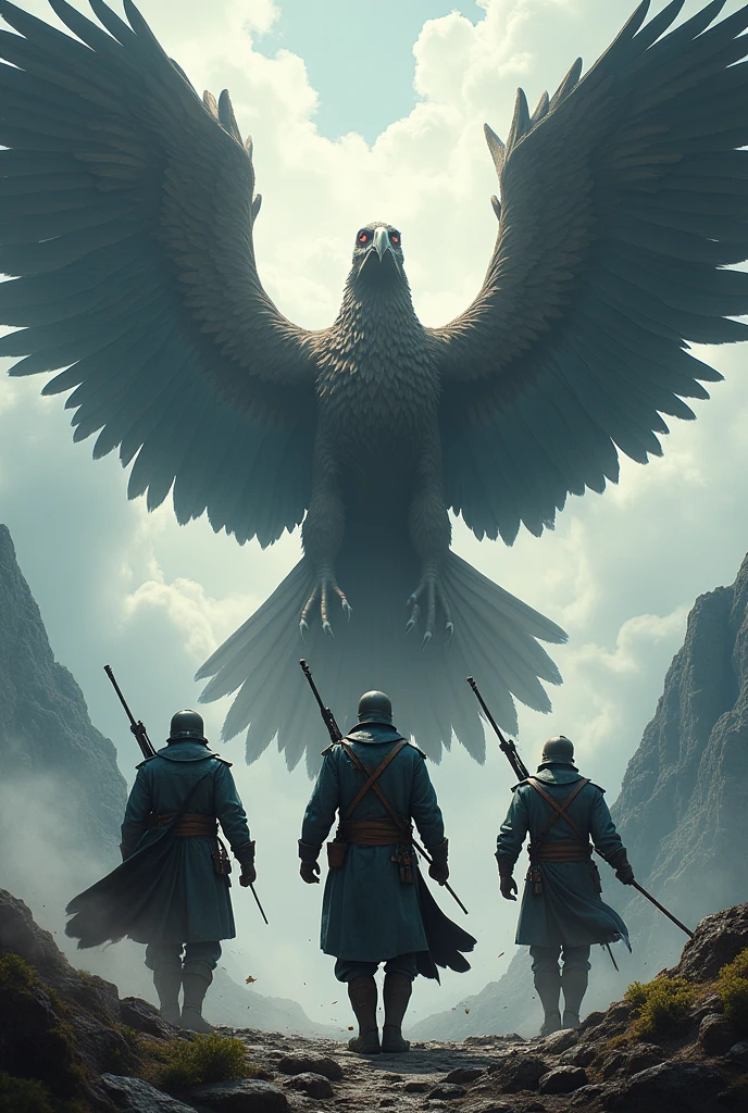 Hello, make me a picture of the struggle of 3 soldiers and 1 big Garuda bird
