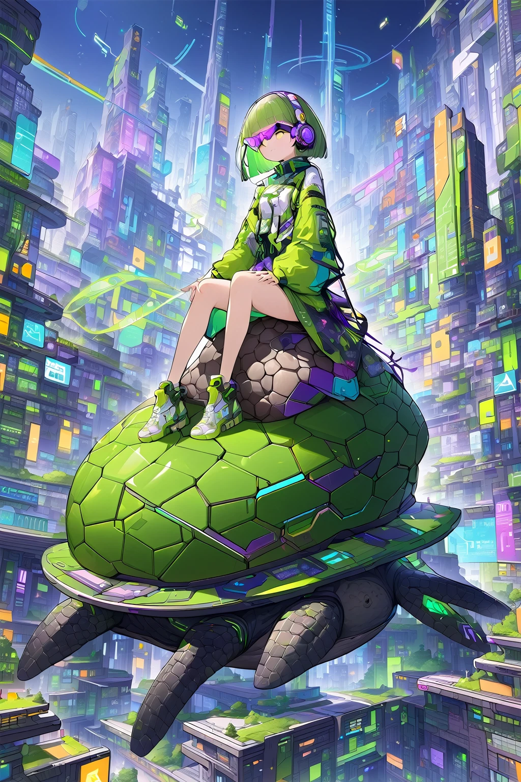 (extremely detailed fine touch:1.3), (((Futuristic eyewear:1.3))), (wear headphones around:1.0), green short hair, blunt bangs, beautiful android girl, solo, full body, sitting on (tortoise:1.3), zentang, Futuristic Art, Futuristic city, single Skyscraper