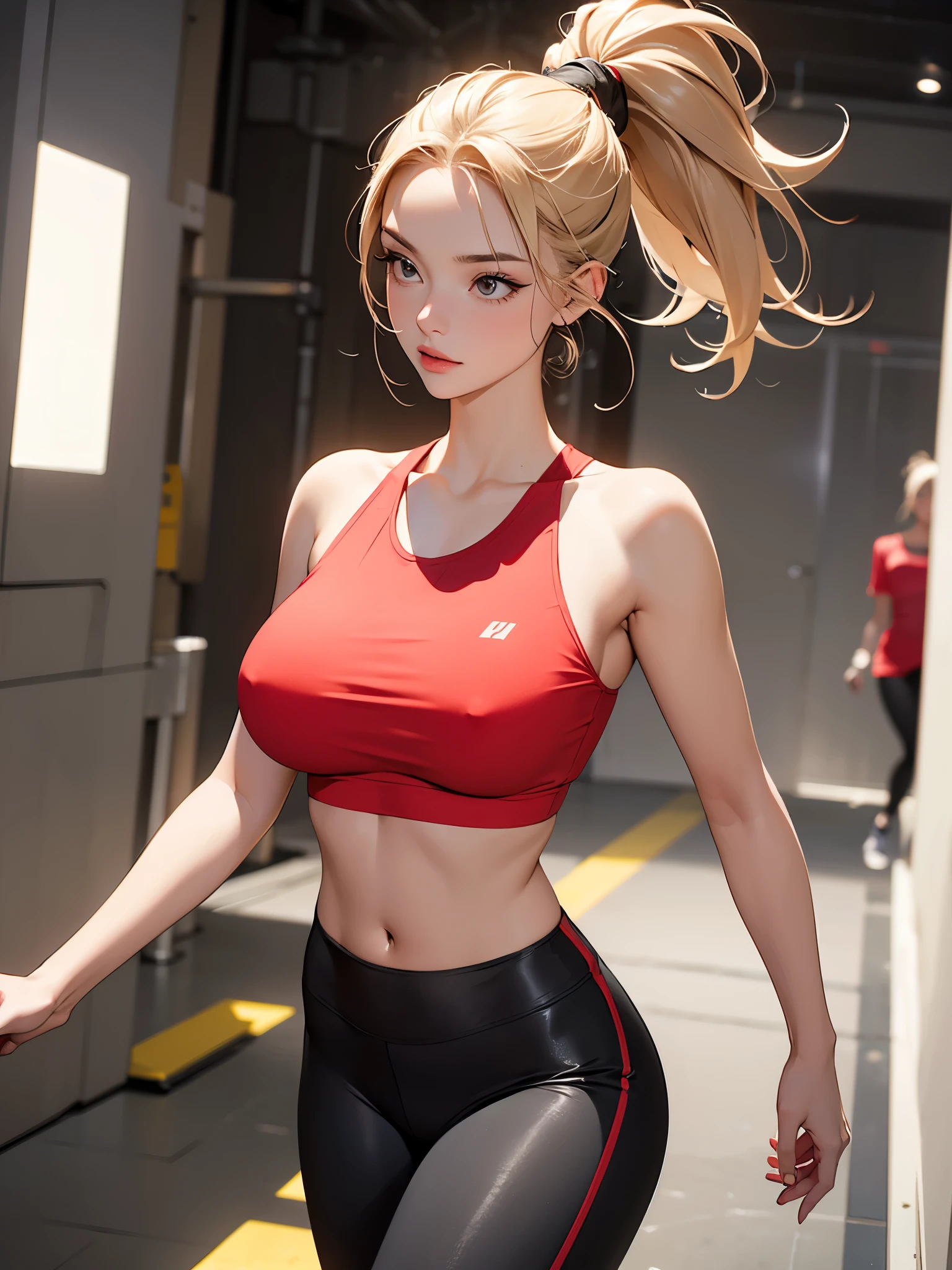 A fit young woman in her 20s confidently walking down the runway in a fashion studio. She is wearing a bright red sports bra and black leggings. She has long, straight blonde hair tied in a high ponytail.
huge boobs,she is walking .