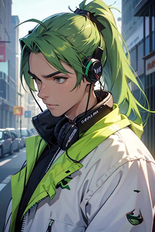 Green Hair、ponytail、Man wearing headphones、Ruffles around the neck、