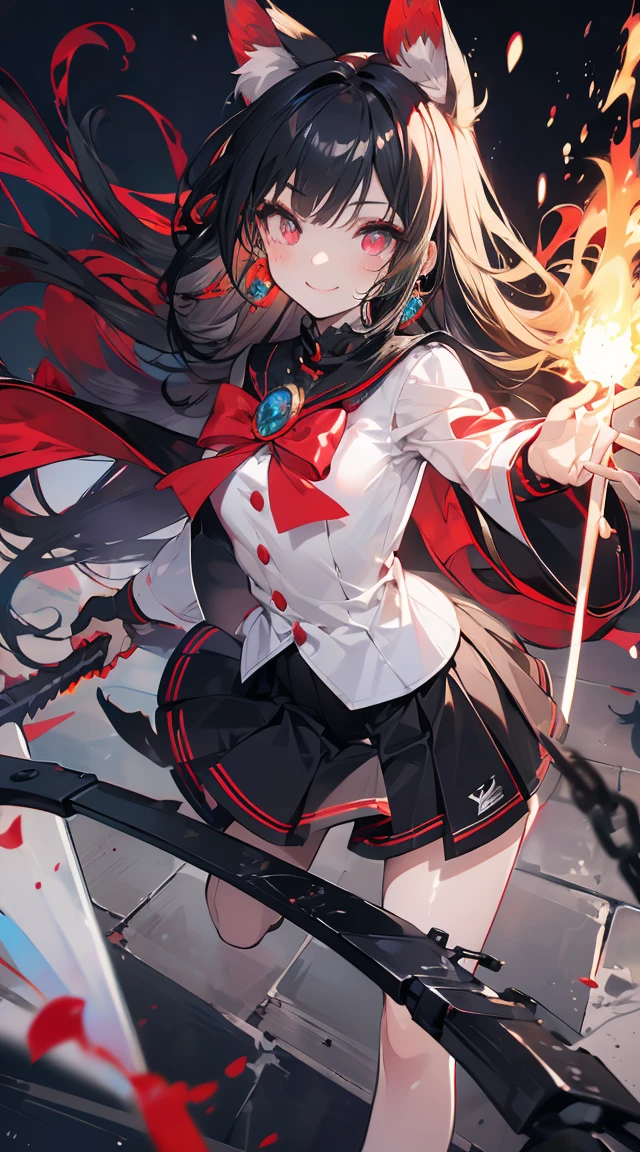 Shrine maiden、[(Detailed Background:1.4)::5],original,(figure:1.1),(Highest quality),(Tabletop:1.1),(Highly detailed CG Unity 8k wallpaper:1.1), (colorful:0.9),(Mid Shot:0.95),(very detailed beautiful whole body),Ear covering accessories、Standing in the Wilderness, (),(((Adult))), (Beautiful eyes in every detail:1.15), (Beautiful Face:1.15), (Glowing red eyes:1.25////),(Black Hair),Pale skin，Pink Eyes，Red Bow，Amaryllis，((Wicked Smile))，crystal earrings in the ears，raven feather skirt,whole body,Shrine maiden服ニーソを履いて,((Long black hair)),Long black hair,Atomic bomb, Or a nuclear bomb, It is an explosive weapon with great destructive power., A large amount of energy is released、. The bomb works through the nuclear process of atomic fission.。, A large amount of energy can be released from a small amount of matter.. Aegis Ore Shield Black Opal Aberration Flail Weapon resting, A creation of nightmares ready for action. This mangrove weapon is a grotesque monster., Has twisting tentacles that form an extension of the weapon. Each tentacle ends in an eyelid bearing sharp teeth and fangs.。, jutting out like a deadly blade. The body of the weapon、It is adorned with stitched-together human arms and a mad eye filled with slithering, snake-like tentacles.。. Even though I&#39;m in chains, The anomalous grenade weapon has a look of insanity and extreme madness., As if they were a living extension of the chaos that inhabited the dungeon.. Your eyes shine with a disturbing intensity. The surroundings are ominous, Damp stone walls and oppressive silence. Anomalous Mangual Weapons are Cursed Relics, Defying all notions of sanity、A weapon capable of causing destruction at any time.