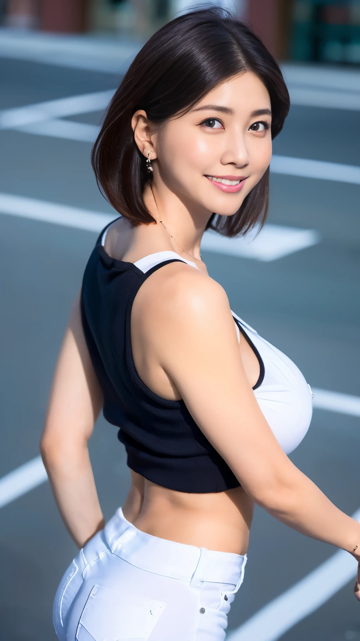 (8k,Ultra-high resolution,Highest quality,masterpiece,Realistic,Ultra-high resolution,High-quality RAW color photos),(Professional photos,Realistic,Realistic) ,Eye highlights,Cute smile,(Short Hair),(white tank top,Skinny jeans,Black Stiletto Heels),Walking around the city,((gigantic breast,face focus))