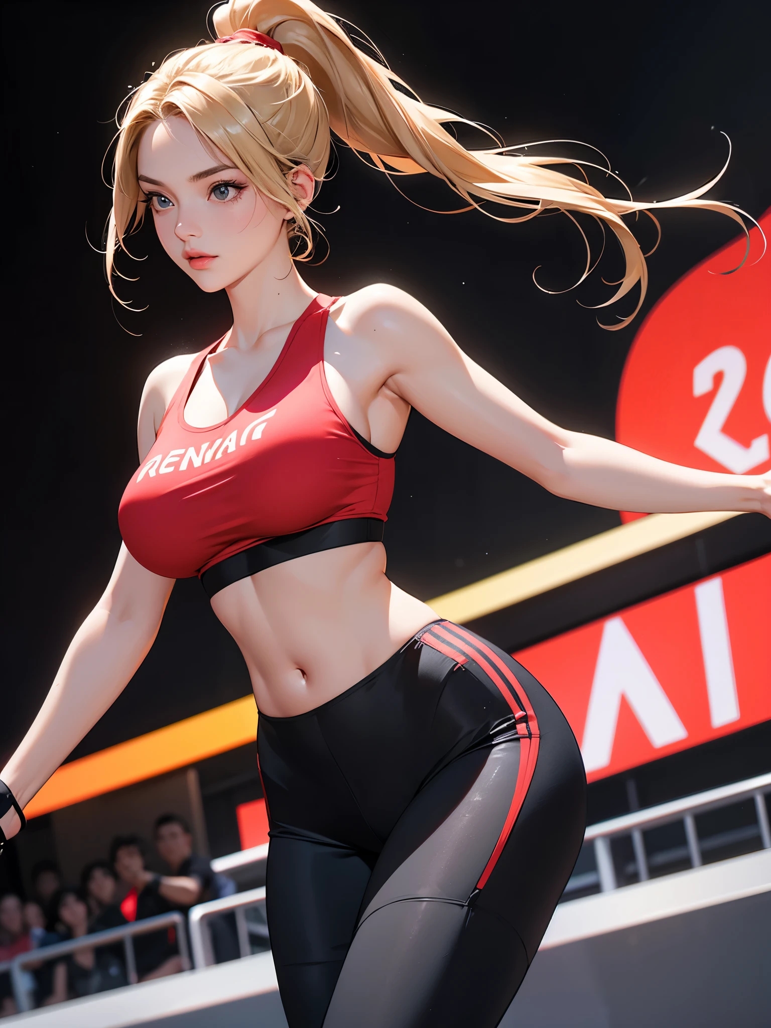 A fit young woman in her 20s. on the stage.She is wearing a bright red sports bra and black leggings. She has long, straight blonde hair tied in a high ponytail.
huge boobs,she is walking .