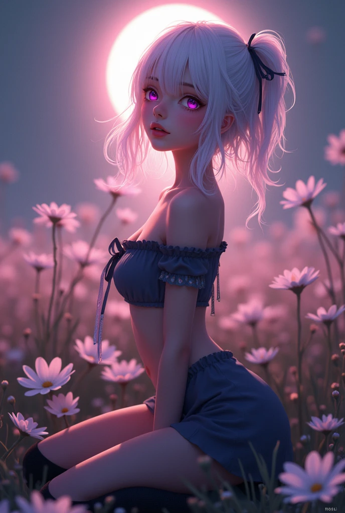 (photorealism:1.2), beautiful woman, realistic, 1girl, white hair, purple eyes, glowing eyes, crop top, skirt, parted lips, blush, night, flowers, sun, sunlight, naked nudesfaceCute innocent girl showing without clothes18 age cute girl slim body hot look s Shirtlift showing eys blue skirt long black socks nudes full body shot