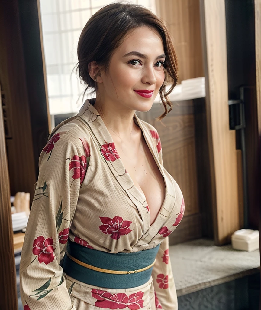 ((20 years old girl)), (wearing luxurious yukata outfit, jewelry: 1.4), ((in a medieval japanese palace)), (night time), (((gigantic size breasts, cleavage))), (hourglass figure), lipstick, photorealistic, masterpiece, realistic, realism, photorealism, high contrast, photorealistic, 8k HD high definition detailed realistic, detailed, skin texture, hyper detailed, realistic skin texture, best quality, (photorealistic:1.4), high resolution, detailed, raw photo, photo realistic, (high detailed skin:1.2), 8k uhd, dslr, soft lighting, high quality, film grain, Fujifilm XT3), hyper realistic lifelike texture dramatic lighting unreal engine, even, neutral light, key light, bold, bright colours, daylight, (balanced saturation), (dynamic lighting), (natural lighting), ((soft red lipstick)), (natural makeup), ((ginger hair)), ((glossy skin)), (colorful lighting), (soft smile : 1.7), (feminine pose : 1.5), ((side way angle photoshoot : 1.7)), (look at camera : 1.4)