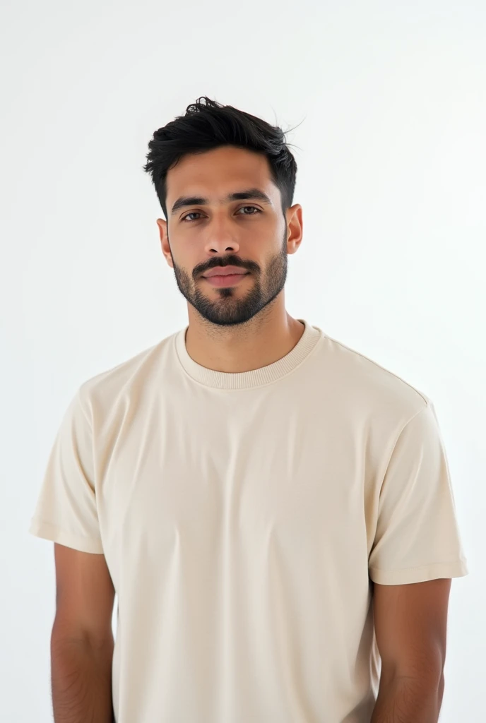 A man wearing a plain t shirt with thick T shirt neck , white background