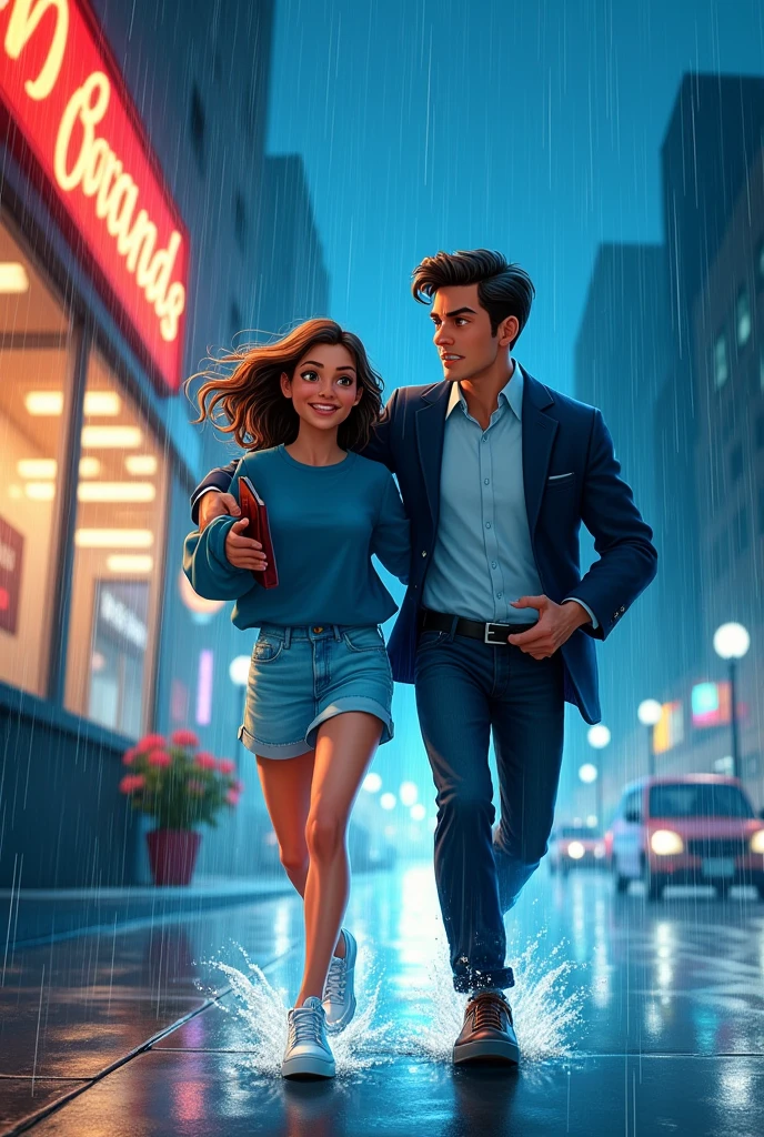 An art for a book cover, One with fair skin, medium length brown hair, light wash denim skirt, blue sweatshirt and white sneakers, and a man wearing formal clothes (Suit) black haired and fair skinned, they are leaving a diner, It&#39;s raining and they are running and smiling. Ele está cobrindo ela com a parte de cima de seu Suit, so she doesn&#39;t get wet. Both are North American. remember if, it&#39;s an animation. It&#39;s raining a lot and it&#39;s night 