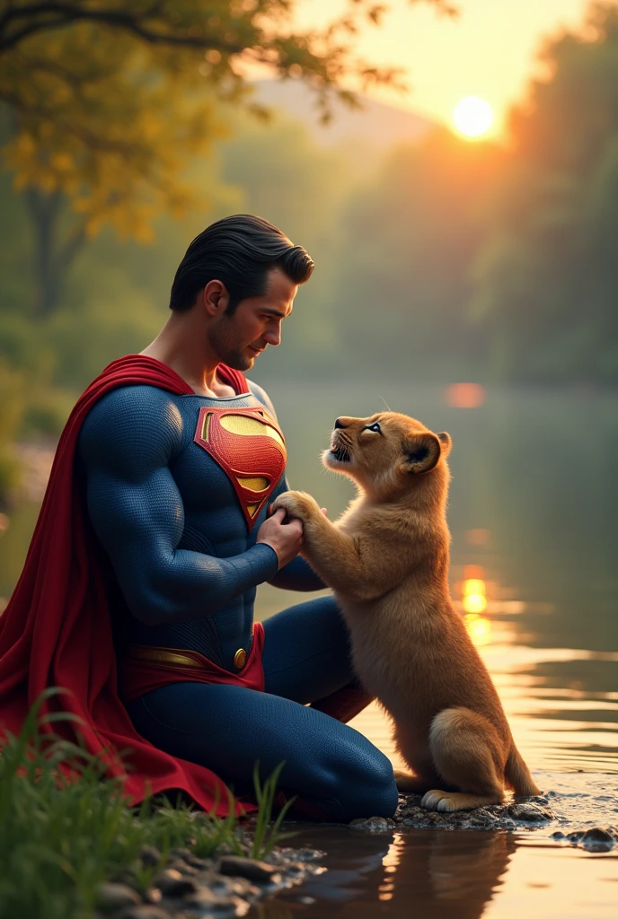 Superman, in his iconic blue and red suit with the 'S' emblem on his chest, is sitting by the edge of a serene and beautiful river. His expression is kind and gentle as he lovingly pets a lion cub's head. The lush green trees and the sun's rays reflecting on the water create a tranquil and heartwarming scene, with vibrant colors and a slight golden evening glow making the moment feel even more special."