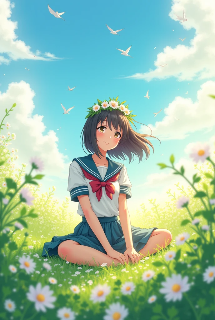 A high school girl wearing a flower crown sitting in a flower-filled meadow、The season is spring、Wearing a uniform、There are birds flying around、Warm spring light、The sky is blue、Cute atmosphere illustration、Uniforms are Brother、Flowers are clover、The wind is blowing、Illustrations that give a sense of movement