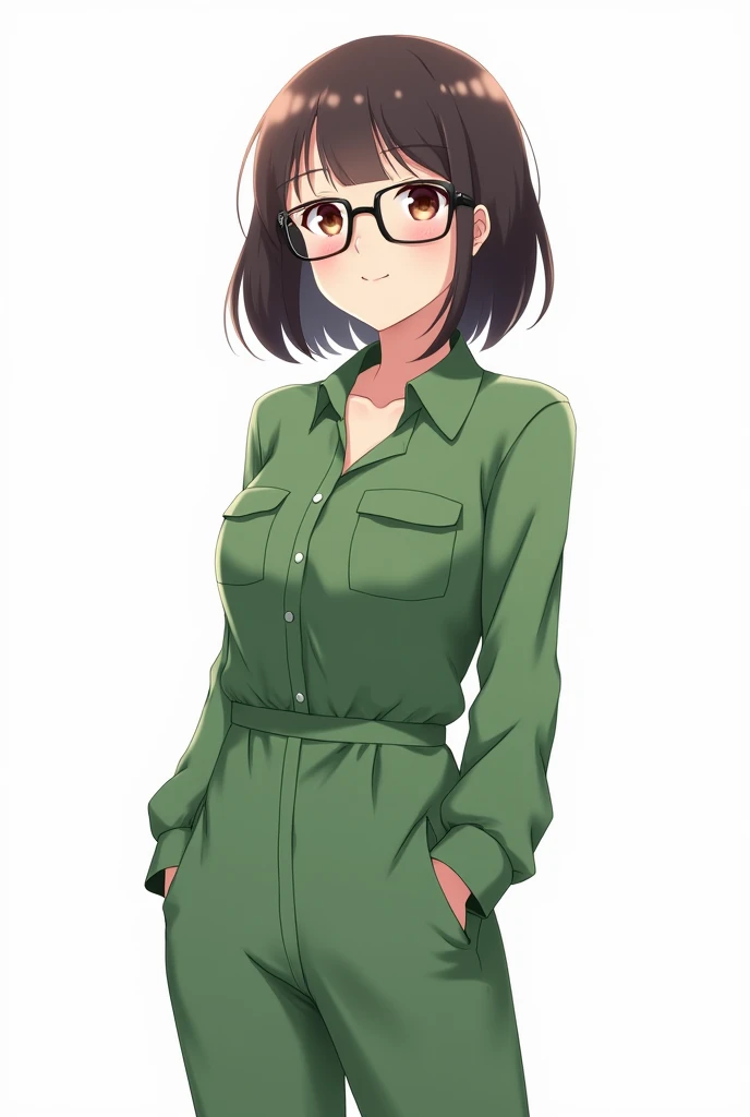 The background is white and he is wearing black glasses.、She has bob hair, is wearing a green long sleeved, collared, casual jumpsuit, and her breasts are slightly visible.、A beautiful anime girl、Smiling
