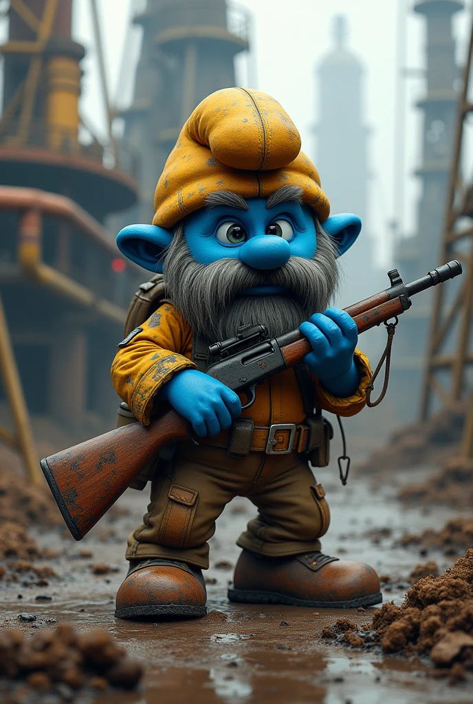 a smurf with a rifle but the skin is brown instead of blue with a beard on an oil rig. Make the blue part brown. Make the smurf’s skin color brown instead of blue