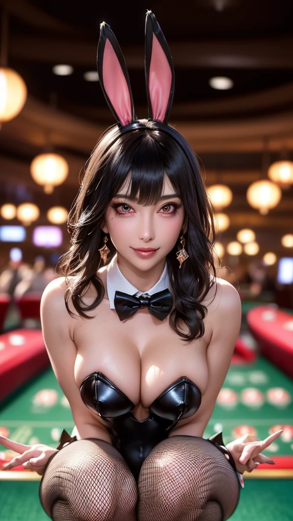 (Highest quality), Realistic, (live-action, Intricate details), ((Japanese woman squatting in a casino, Model body type,Place your arms between your legs)), ((Playboy Bunny, Bunny ears, black Bunny ears, fake Bunny ears, pantyhose, black pantyhose, bow tie, Wrist cuff, Black risqué leotard)), ((:1.4)), (Short black hair:1.3, Short bangs), (neat face, Lips parted), Whiter skin, hard lighting:1.3, Roulette table, Slot Machines, Full Body Shot,Stick your butt out,Ass Focus,Sadistic smile,Fishnet stockings,There is a mole near the mouth,((Puff puff))