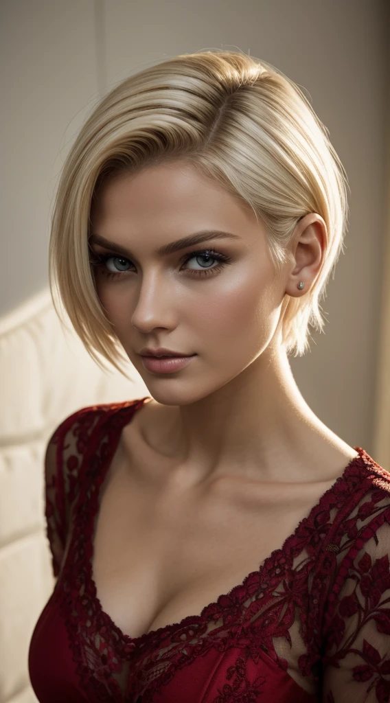 a woman in a red suit posing for a picture, girl with short white hair, portrait of a beautiful model, yelena belova, short blond hair, aleksandra waliszewska, olga buzova, an epic non - binary model, non binary model, short blonde hair, dasha taran, anna nikonova aka newmilky