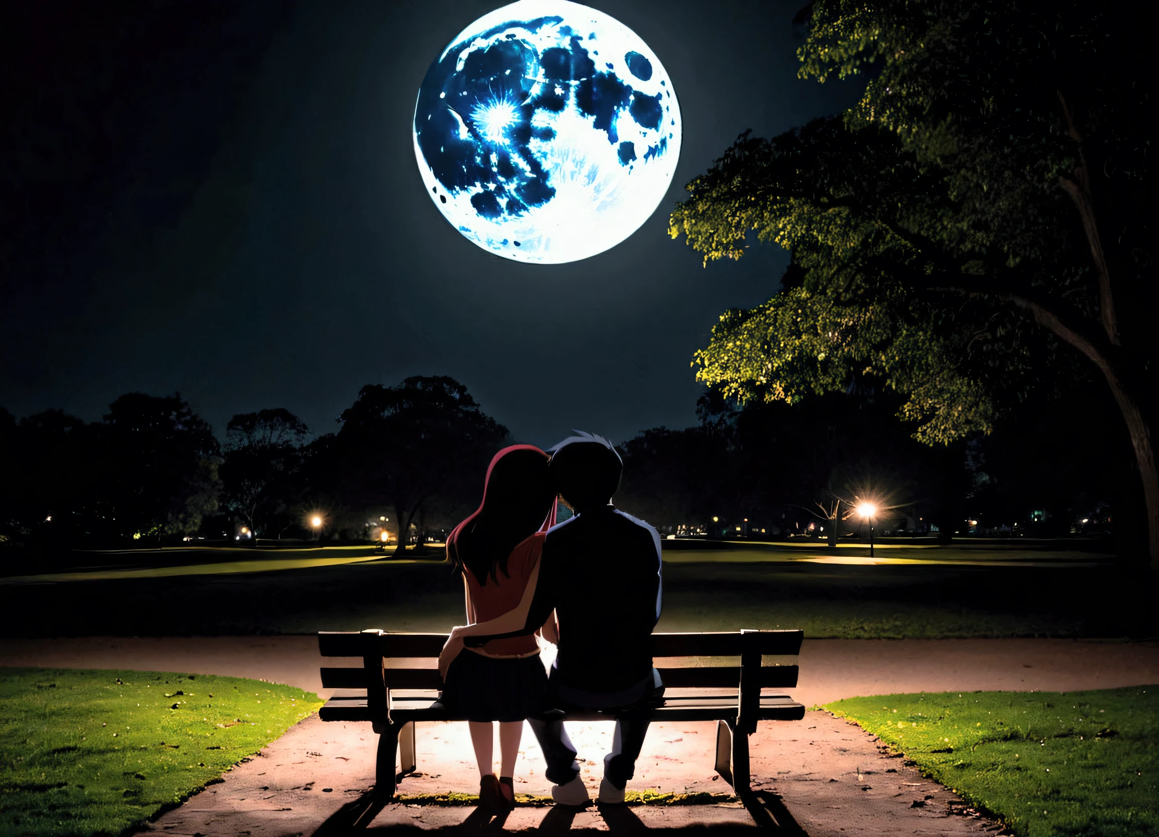 Back view, Anime style, a couple sitting on a bench in the park, at night, (Valentine mood :1.2), full moon, heart-shaped shadow on the moon