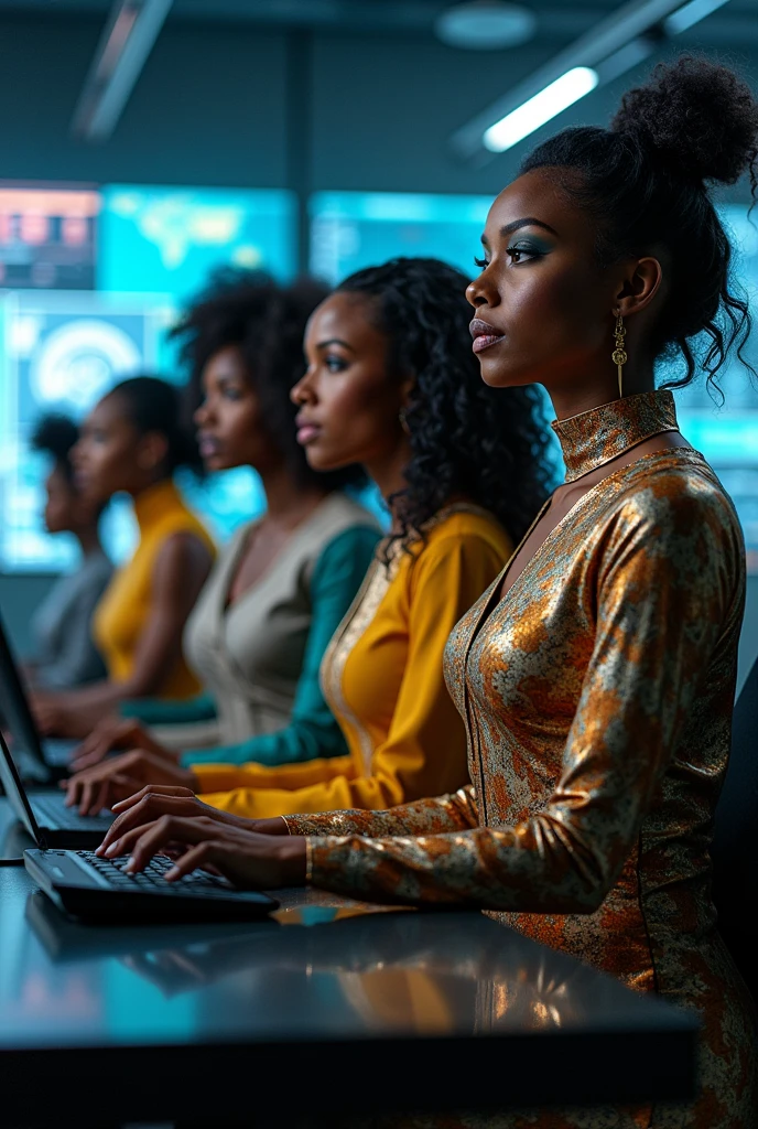 Imagine 5 African women who are threat intelligence analysts but are wearing different superhero uniforms In front of computers