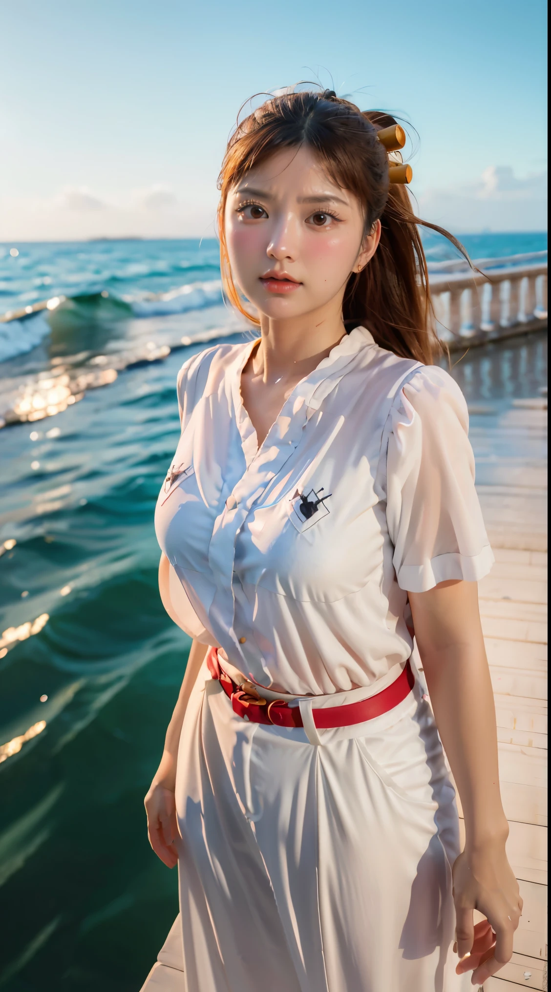 8k, Raw photo, highest quality, masterpiece:1.2), masterpiece, highest quality, figure, Very detailed, Fine details, High resolution, 8k,wallpaper, Perfect dynamic composition,(Detailed high quality, Realistic depiction of eyes:1.3)、A woman who has been  and has her hands tied、Arms wrapped around his back、Squatting with legs apart on a yacht at sea、knees apart、White panties are visible、The whole thing faces forward、２１talent、Beauty、Well-formed face、Make your eyes even、Beautiful black hair、Has bangedium build、Well-balanced proportions、Beautiful legs、Short sleeve blouse、Long skirt、Fresh face、Beautiful scenery、