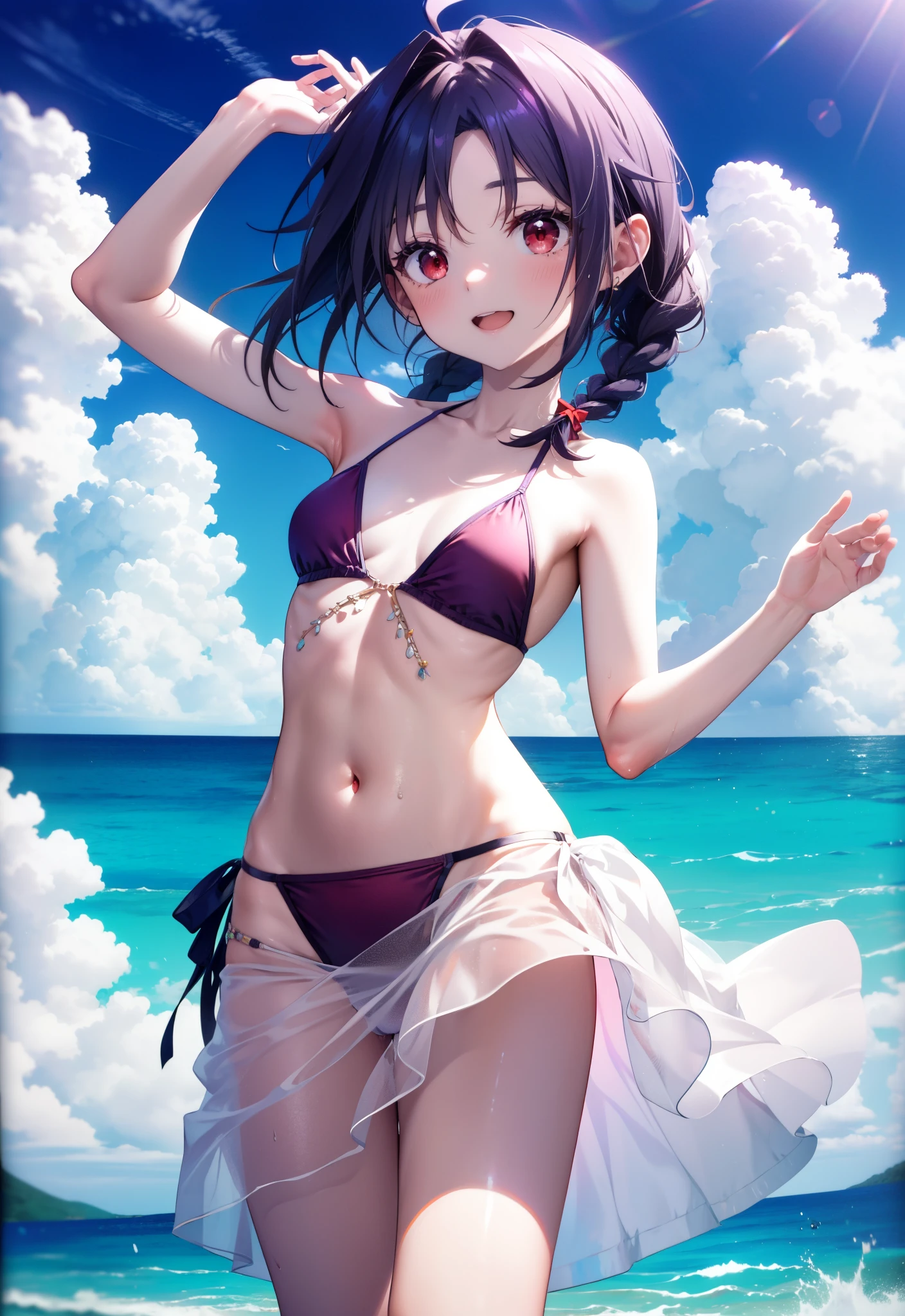 yuukikonno, Yuuki Konno, hair band, Ahoge,Long, thick braids, Pointed Ears, Purple Hair, (Red eyes:1.5), (Small breasts:1.2), smile,blush,Open your mouth,Purple bikini string swimsuit,Pareo Swimsuit,Belly button,A light red long skirt is tied around her waist.,barefoot,Water Play,Daytime,Clear skies,True Summer,whole bodyがイラストに入るように,Sandy Beachを散歩している,
break looking at viewer, whole body, (Cowboy Shot:1. 5),
break outdoors, Beach,Sandy Beach,
break (masterpiece:1.2), Highest quality, High resolution, unity 8k wallpaper, (figure:0.8), (Beautiful attention to detail:1.6), Highly detailed face, Perfect lighting, Highly detailed CG, (Perfect hands, Perfect Anatomy),