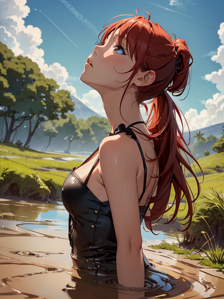 1girl, solo, masterpiece, best quality, high res, highly detailed, (illustration), beautiful detailed eyes, yuigahama yui, red hair ponytail, glossy lips, light makeup, orgasm, (looking up to the sky:1.5), intimate moment, sleeveless top, cleavage, (quicksand:1.4), (from side:1.4), bog, swampy, grassy, eyes closed, gasping