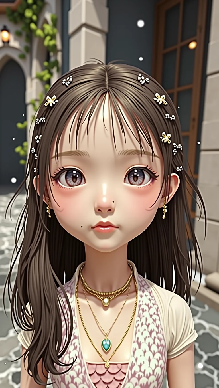 (Shirahoshi:1.2), (mermaid:1.2), scales of fish, light pink and red stripe scales, large scales, ((masterpiece:1.4, best quality)), ((masterpiece, best quality)), (photo realistic:1.4), 1girl, (giant woman), ((ultra gigantic tits)), Japanese actress, swim underwater, ((glossy skin, gold scale bikini, floating hair, light pink hair, long hair, hagoromo, jewelry, frills)), ((hair rings:1.2)), hair ornament, big black eyes, cute, young, swimming, cute smile, underwater: 1.2, from below, professional lighting, physically-based rendering, Shining necklace, shining hair, shining skin, ((Colossal tits)), big breasts