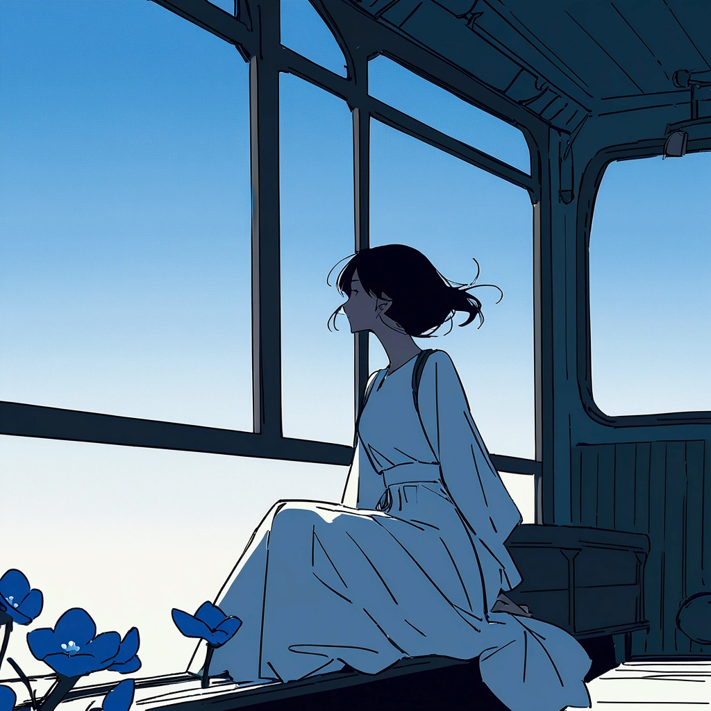 Woman in a white dress Flat color Simple Trunk case Travel Light blue flowers Sitting on a train Beautiful scenery Swaying in the wind