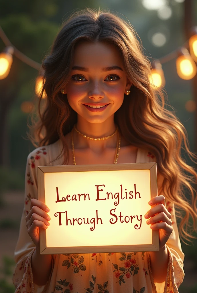 Beautiful girl with heart-warming smile and wavy long hair, bohemian dress, holding a white board with text "learn English Through Story" and showing it to the viewer, the board is glowing with a the text,Different quality girl.