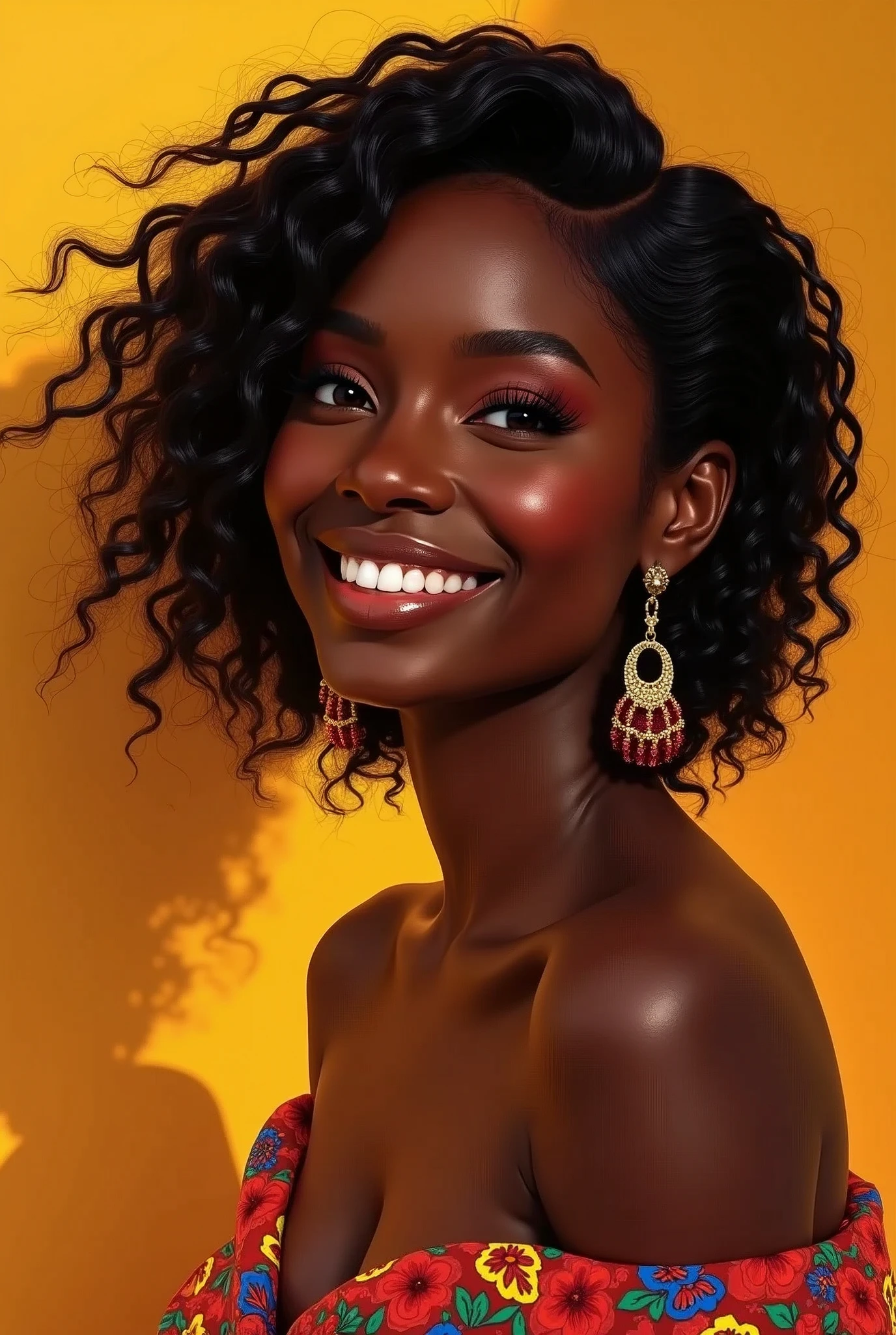 "A stunning black woman with radiant, dark skin that glows like polished mahogany. Her features are finely chiseled, with high cheekbones, a regal nose, and full lips that curve into a bright, warm smile. Her eyes sparkle like dark diamonds, shining with kindness, intelligence, and inner light. Her hair is a rich, luscious crown, with tight coils that spring from her scalp like a halo, framing her face with elegance and poise.
Her presence is commanding yet gentle, exuding confidence and grace. She moves with fluidity and purpose, her curves swaying softly like a summer breeze. Her style is effortless chic, with vibrant colors and bold patterns that accentuate he
Her spirit is just as captivating – warm, empathetic, and strong. She embodies resilience, wisdom, and joy, inspiring those around her with her infectious laughter and compassionate heart. She is a true queen, inside and out, shining brightly like a star in the night sk