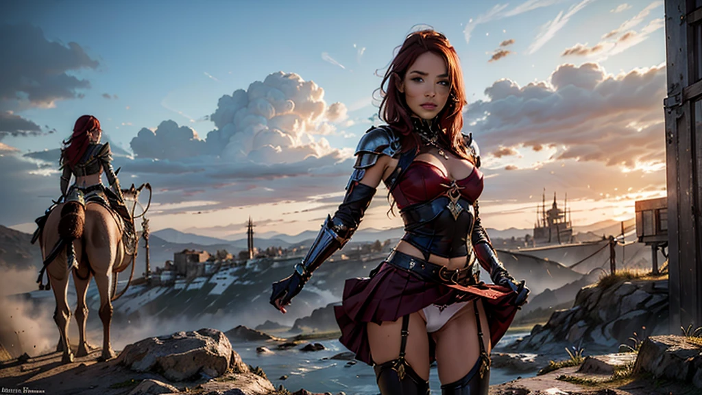 (Female Warrior: 1.5), (redhead warrior girl: 1.3), 1 girl, standing alone, Bela , Youngh, (Red hair), (greeneyes), Skinny, breasts small, Face pretty, Waist slender, fine legs , space between thighs, (Knight's Armor), (steel breastplate, Steel gauntlets, steel gloves: 1.1), (Red mini skirt: 1.3), (Skirt Lifted by itself: 1.1), (Skirt Lift: 1.3), (showing White-panties: 1.3), White-panties, tiny panties, (camel toe: 1.2), front-facing, (cowboy shot), medieval fantasy, Dungeons and Dragons, rpg character, best qualityer, (work of art), ultra-realistic, 8k